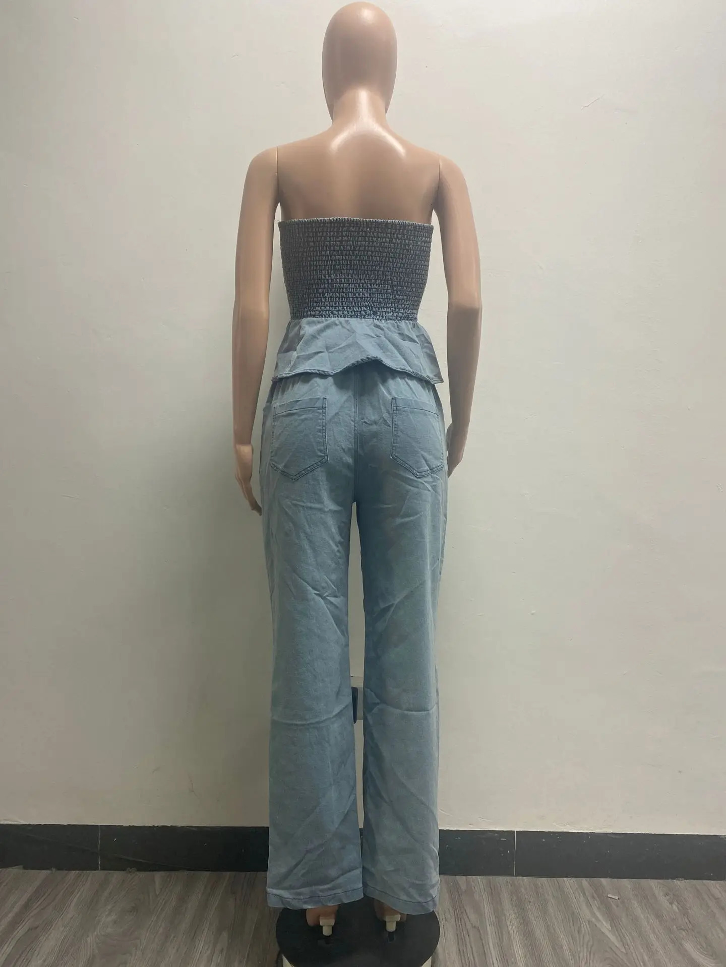 Jeans Wide Leg Pants Outfit Sexy Women Two Pieces Elegant Denim Club Matching Set Ruffles TopTrousers 250211