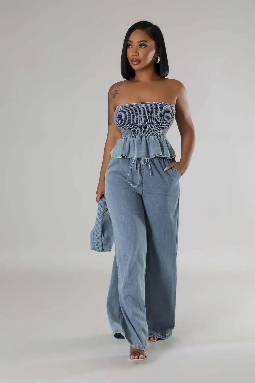 Jeans Wide Leg Pants Outfit Sexy Women Two Pieces Elegant Denim Club Matching Set Ruffles TopTrousers 250211