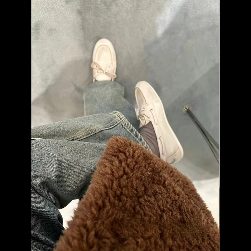 2024 Autumn And Winter New Bow Shallow Mouth Saig Women's Casual Retro Brown Lace-Up Loafers Flat Shoes 250221