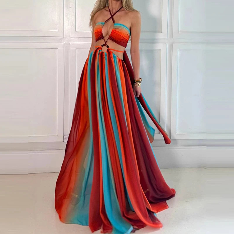 Summer Hollow Out Sleeveless Bohemian Dress Ladies Fashion Printed Pleated High Waist Dress Casual Halter Split Robe Dresses 250210