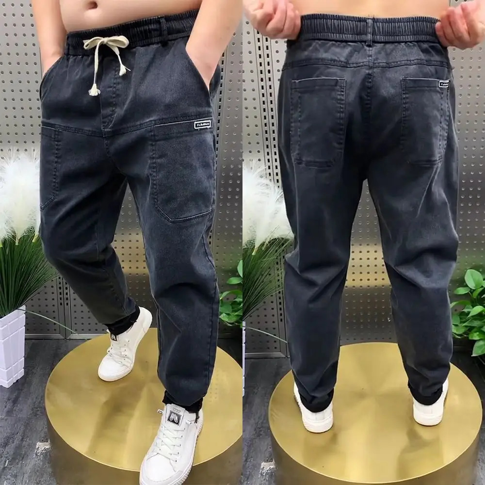 er Streetwear Washed Men Baggy Mens Elastic Waist Denim Jeans Six Pockets for Spring Autumn Harem Trousers Male 250210