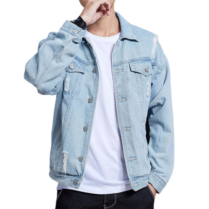 Spring and Autumn Mens Casual Loose Work Coat Trendy Hole Denim Jacket 250211