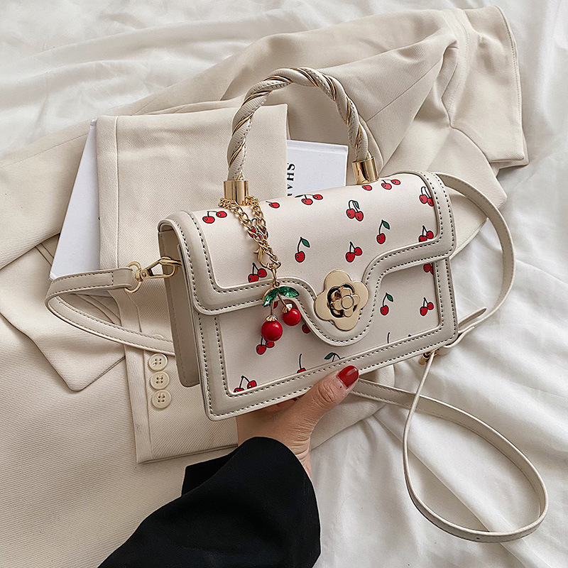 Foreign trade 2025 new lovely cherry print crossbody bag twist hand-held small square bag color contrast design small bag woman