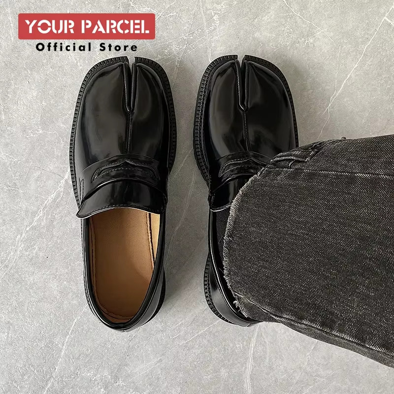Split Toe Horseshoe For Men's Thick Sole Loafer Tabi Patent Korean Version Trend Casual Leather Shoes