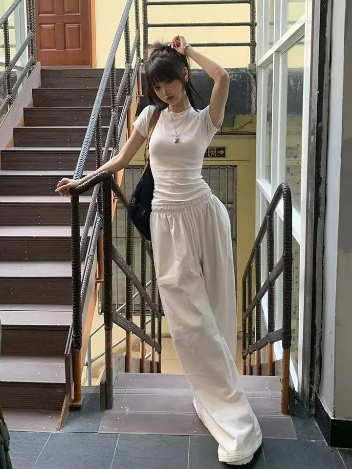 Y2K Women Casual Sweatpants Oversized Jogging Wide Leg White Jogger Hip Hop Sports Pants Z260314