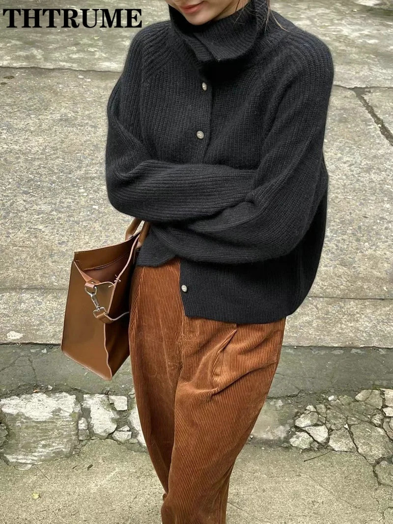 Elegant Turtleneck Cardigan Fashion Women Solid Long Sleeve Single Breasted Sweaters Casual Loose Korean Knit Cardigans 250206