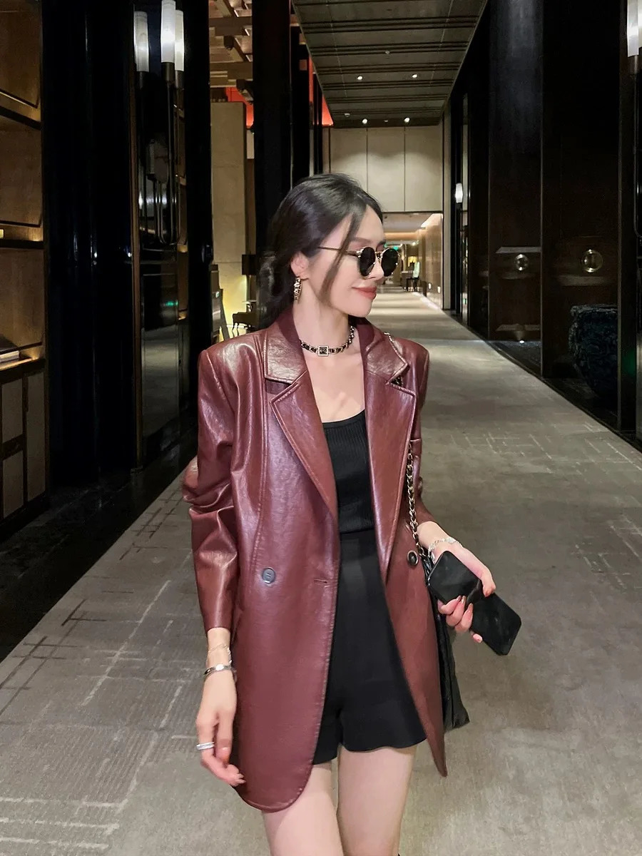 Angola Red Fried Street Retro Womens PU Leather Suit Jacket 2024 Spring and Autumn Loose Hong Kong Style Leather Coat Top 250210