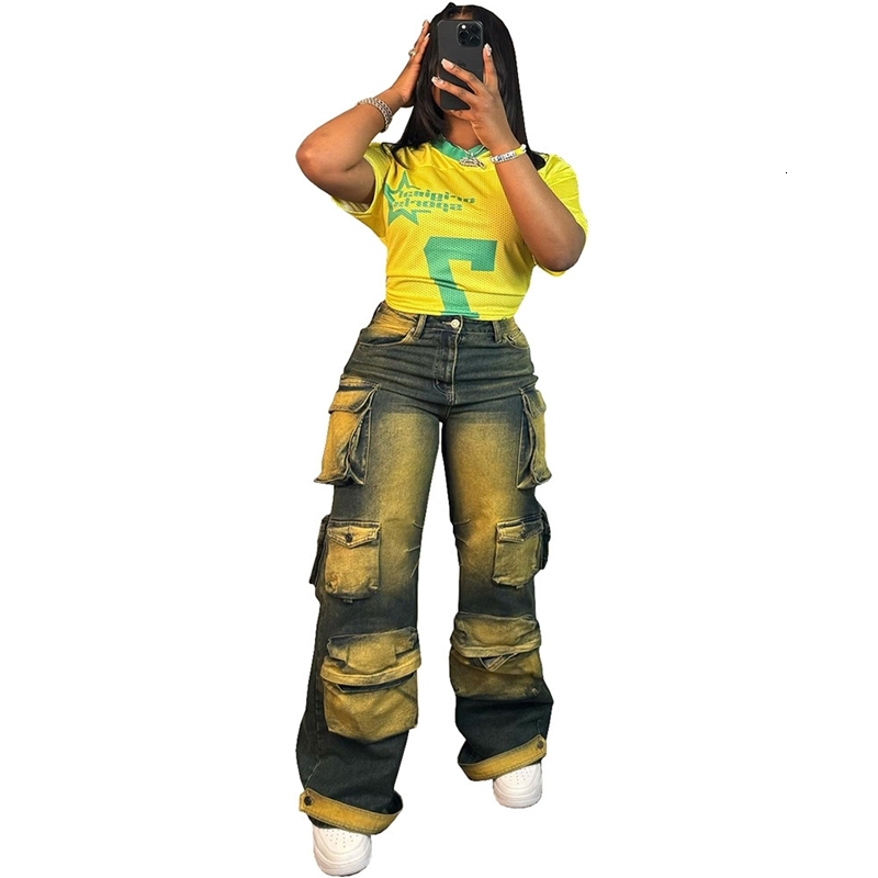 Womens Straight Leg Jeans Trendy And Personalized Multi Pocket Hanging Dye High Waisted Work Pants