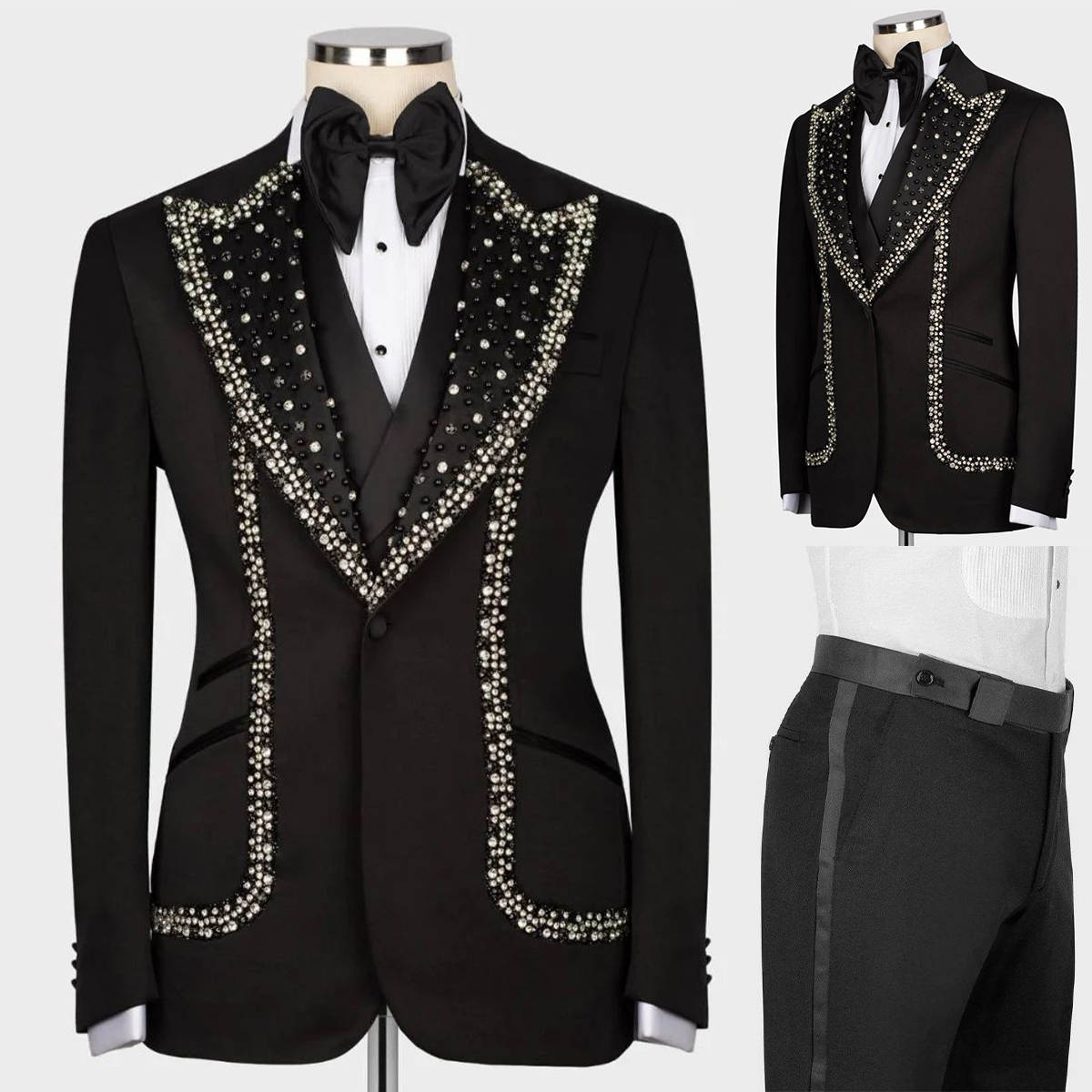 Modern Wedding Tuxedos Beaded Crystal One Button Men Suit Peaked Lapel 2 Piece Set Jacket Pants Groom Blazers Customized