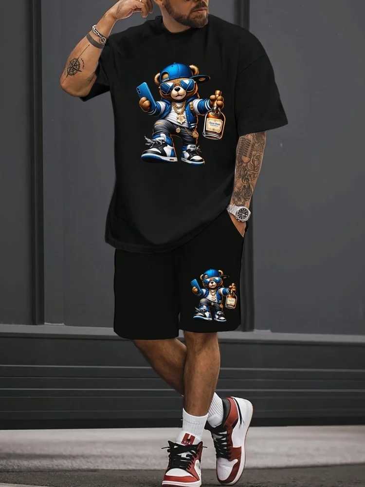 Luxury Teddy Bear Printed Mens T-shirt Set for Summer Casual Daily Mens Short sleeved Top Outdoor Street Mens Shorts W250211