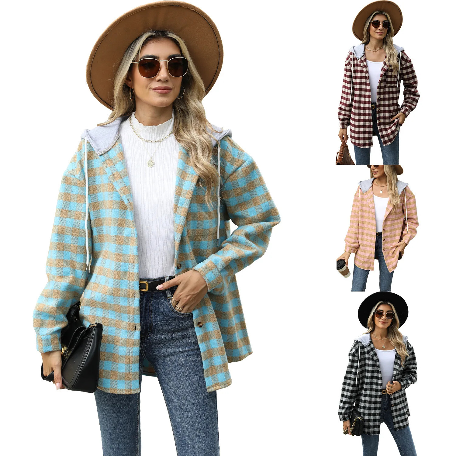 Womens Hooded Checkered Patchwork Top with Single Breasted Woolen Coat 250109Z