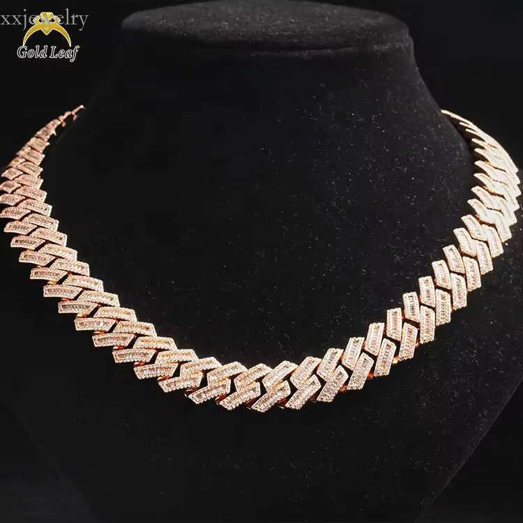 Iced-Out Gold Leaf 16mm Sterling Silver Cuban Link Hip Hop Necklace with Baguette Moissanite