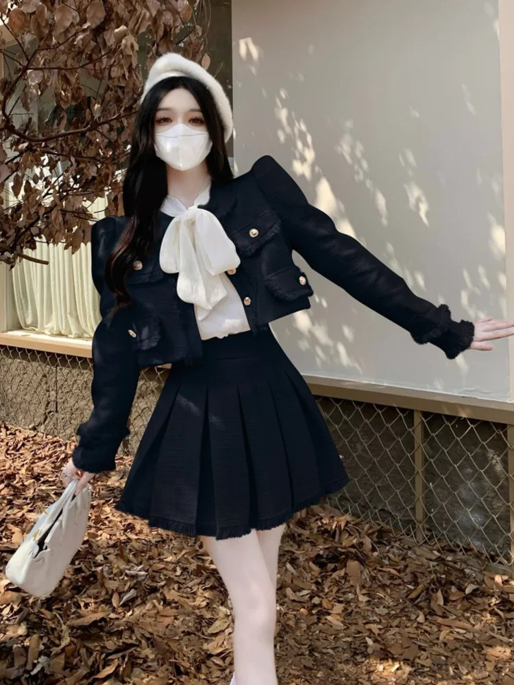 Spring French Vintage Tweed Two Piece Set Women Short Jacket Coat Pleated Skirt Suits Korean Ladies Outfits 250210