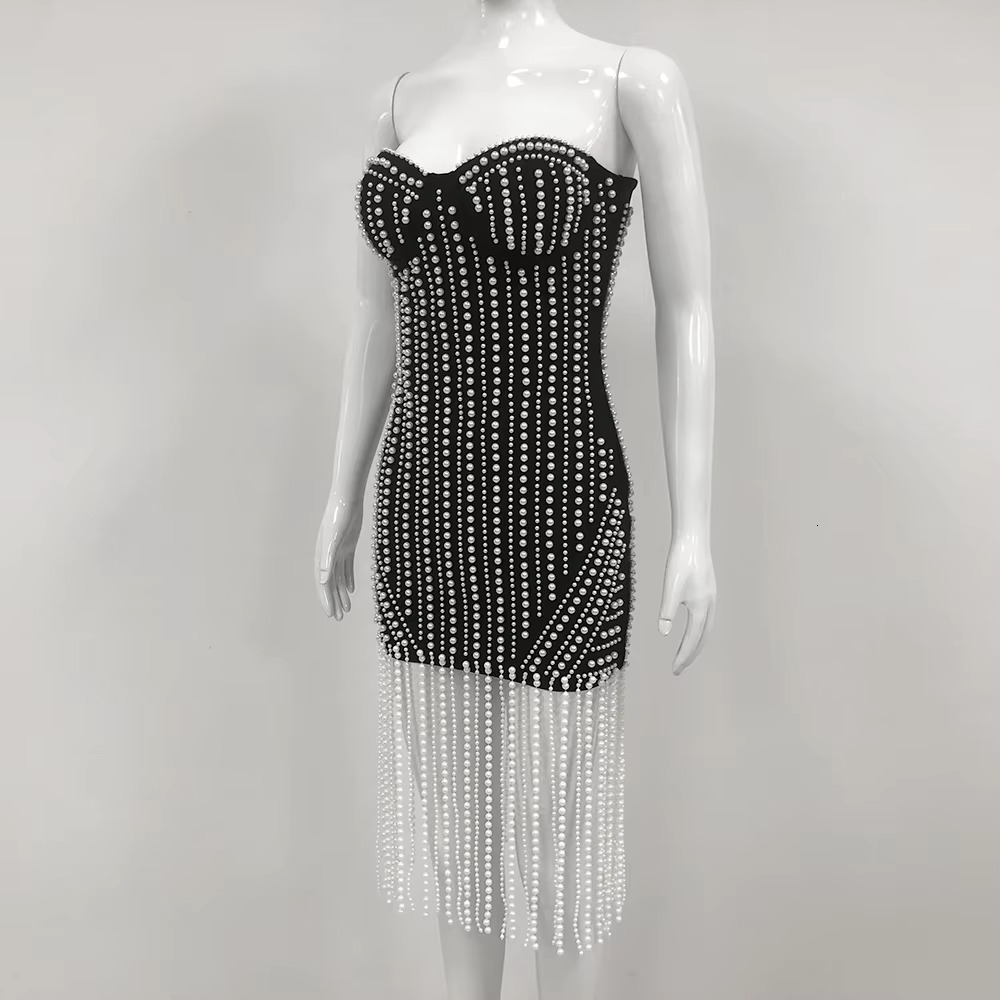 KLEEZY Black Fashion Women's Pearl Tassel Sexy Strapless Sleeveless Bandage Mini Elegant Star Party Evening Dresses