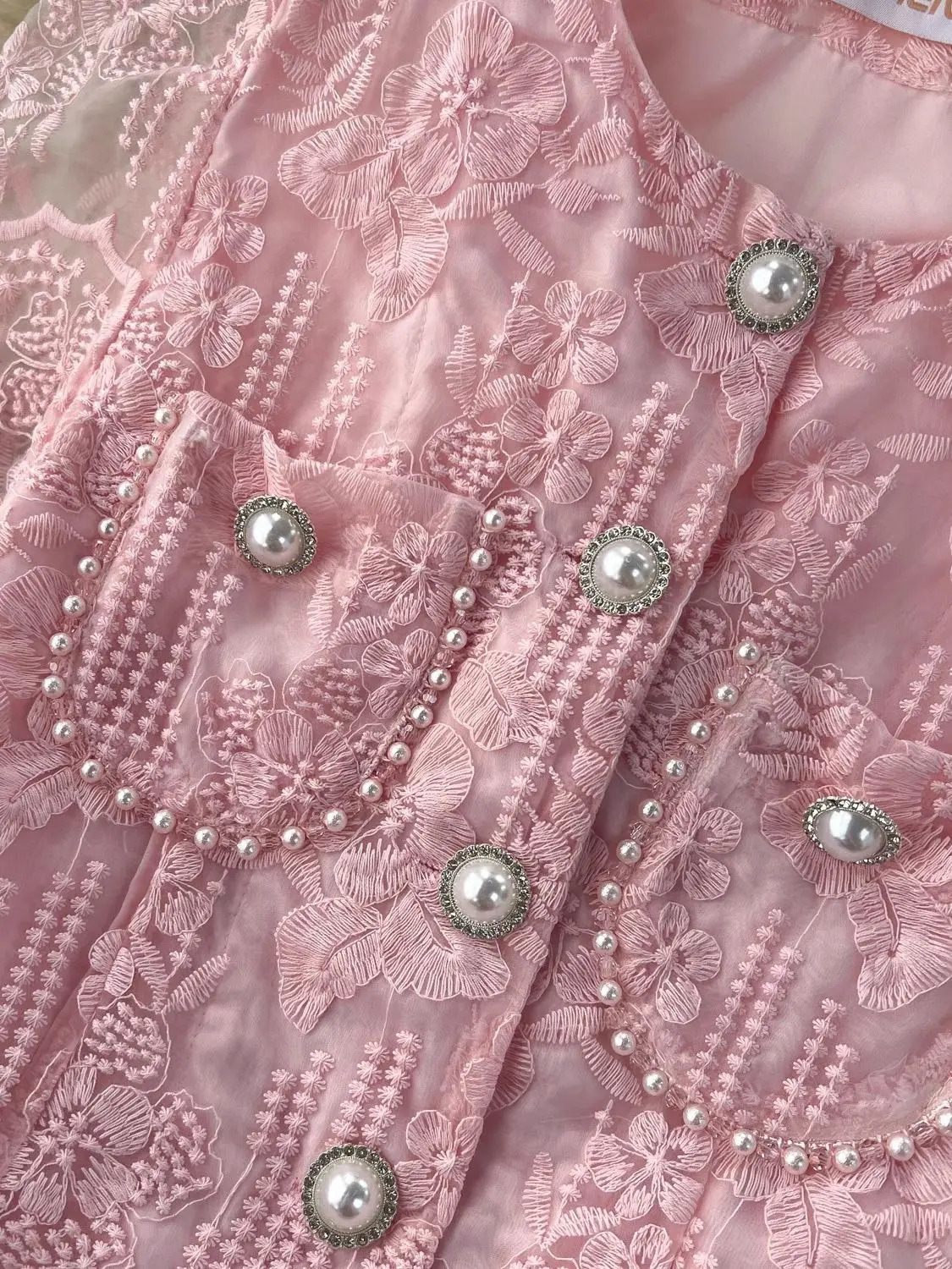 Small Fragrant Embroidery Flower Two Piece Set Women Short Sleeve Pearls Buttons Pocket Lace Mesh Crop Top Midi Skirts Suit 250211