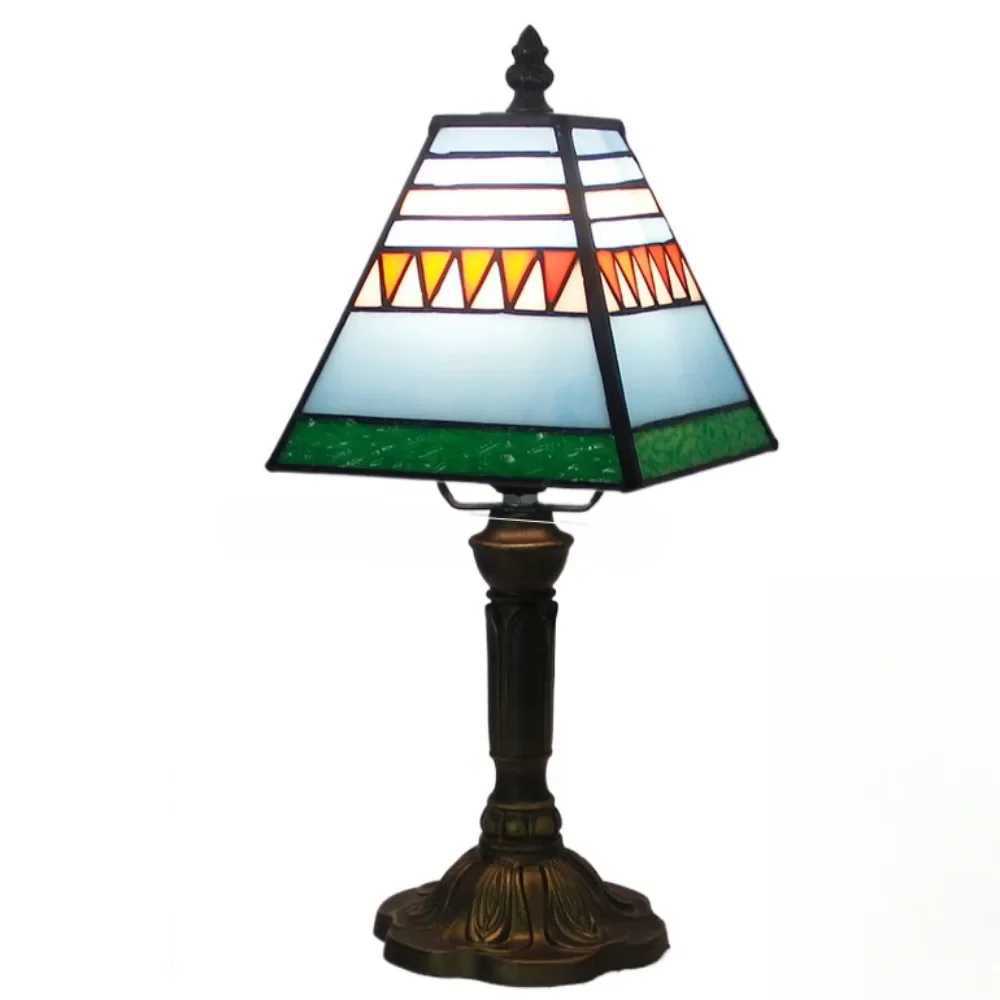 8inch Tiffany Stained Glass Blue Pyramid Lampshade Table Lamp American Living Room Bedroom Night Light Villa Hotel Desk Lamp Z250211