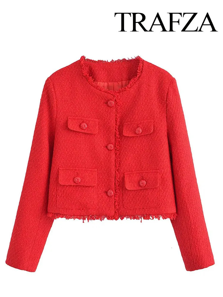 TRAFZA Autumn Women Vintage Fashion Cropped Tweed Jacket Pocket Stand Collar Long Sleeve Coat Elegant Female Chic Streetwear 250210