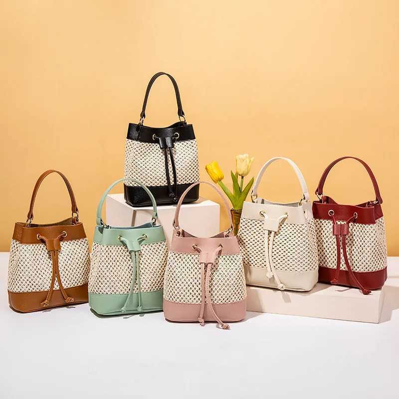Large bucket bag womens handbag mesh Drstring portable beach handbag round leather handbag Sac A Mains womens handbagXJ250412