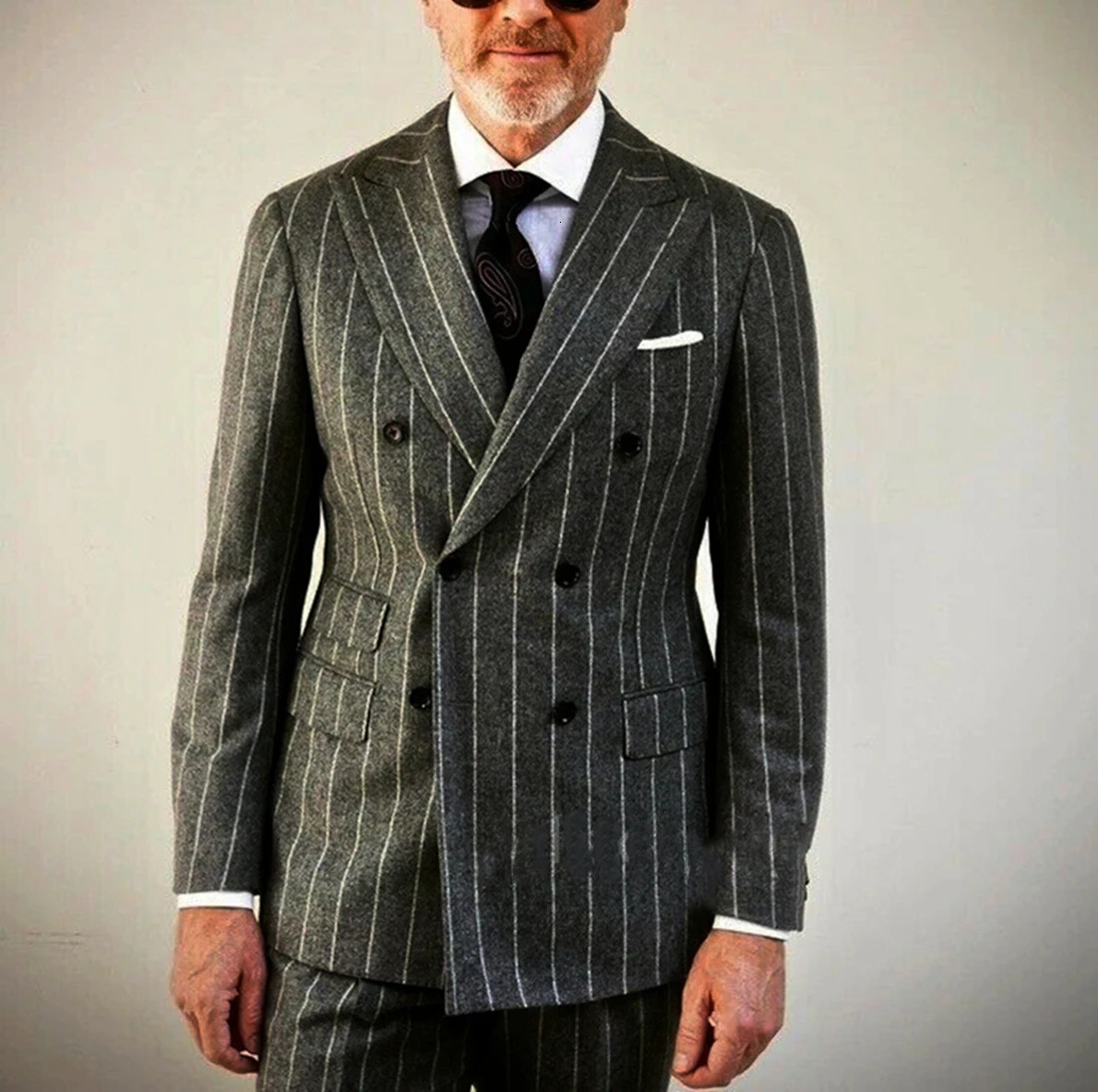 Grey striped mens suit double breasted jacket mens slim evening gown 2piece formal business mens clothing set 250210