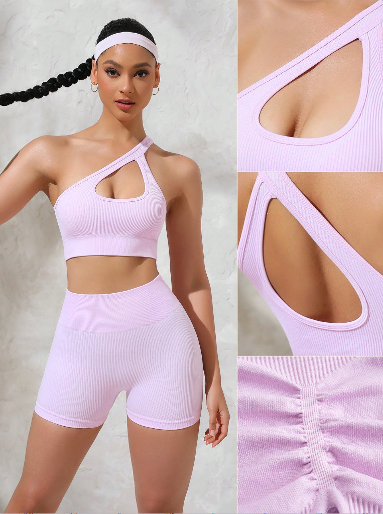 European and American women's threaded hollow sloping shoulder sexy bra seamless yoga suit peach hip shorts fitness set training sportswear