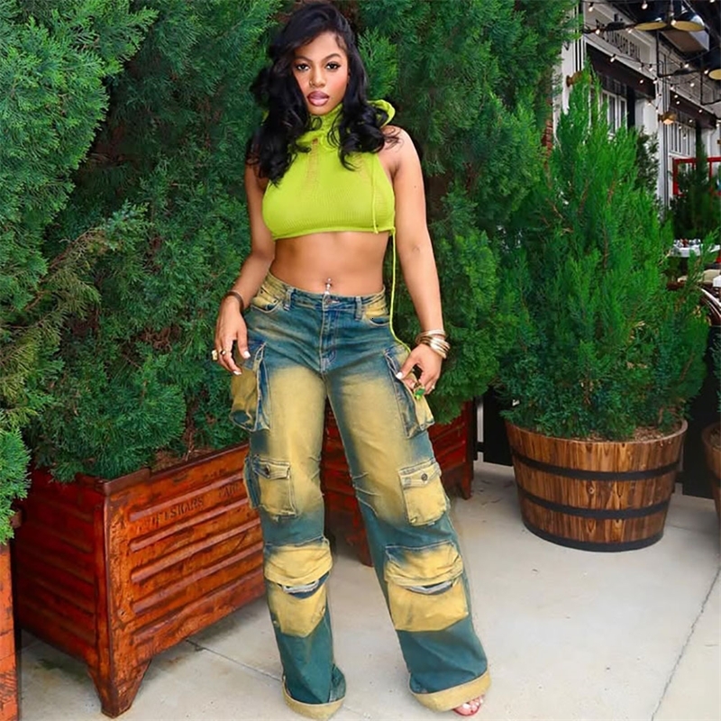 Womens Straight Leg Jeans Trendy And Personalized Multi Pocket Hanging Dye High Waisted Work Pants