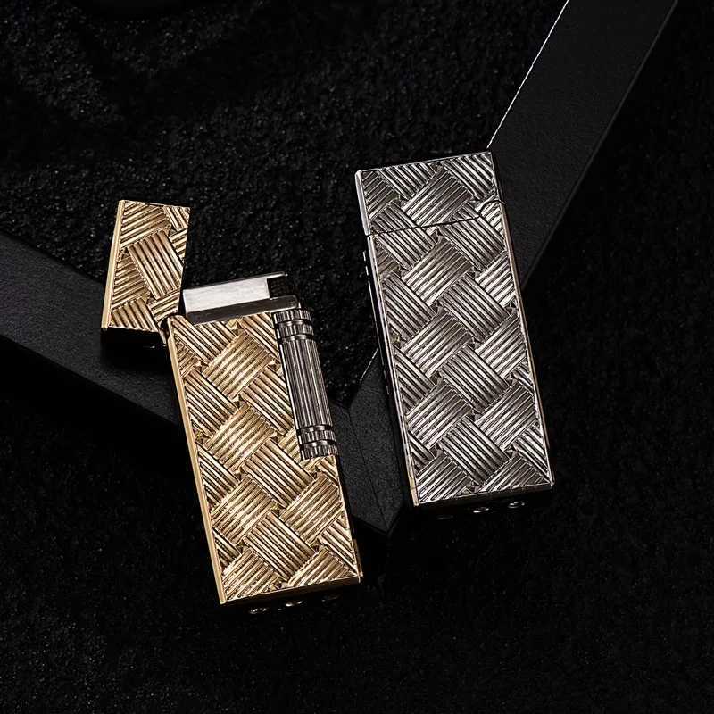 New Grinding Wheel Side Slide Tilt Flame Butane Gas Lighter High Quality Metal Embossed Open Flame Lighter Cigarette Accessories Y250210