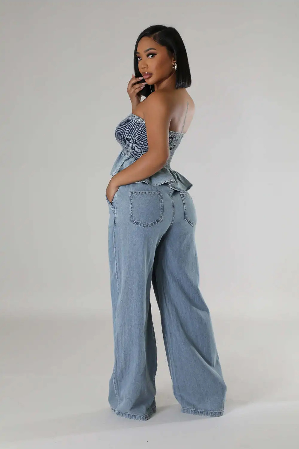 Jeans Wide Leg Pants Outfit Sexy Women Two Pieces Elegant Denim Club Matching Set Ruffles TopTrousers 250211