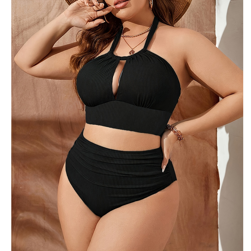 2pcs Chic Plus Size Bikini Women Halter Neck Swimsuit Black Hollow Out Bra with Keyhole Stretchy High Waist Panty Ribbed Swimwear Large Size Bikinis B