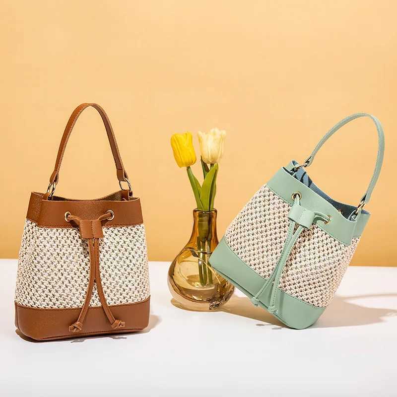 Large bucket bag womens handbag mesh Drstring portable beach handbag round leather handbag Sac A Mains womens handbagXJ250412