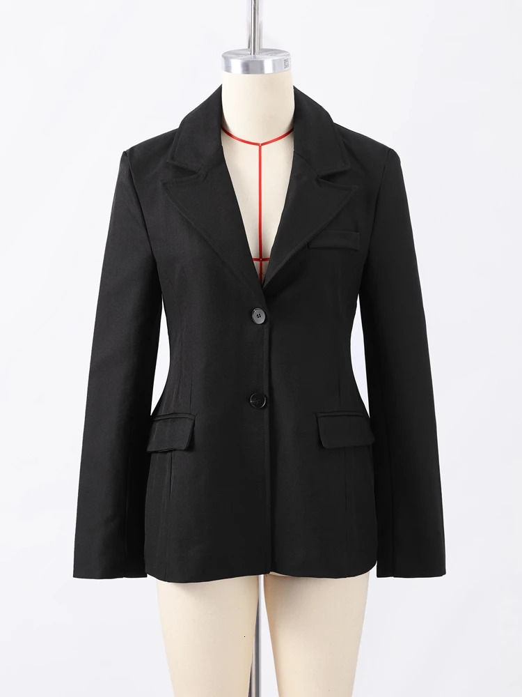 Spring Shoulder Pad Womens Black Blazer Fashion Lapel Flap Pocket Slim Button Suit Jacket Female 2025 Lady Commute Outwear 250210