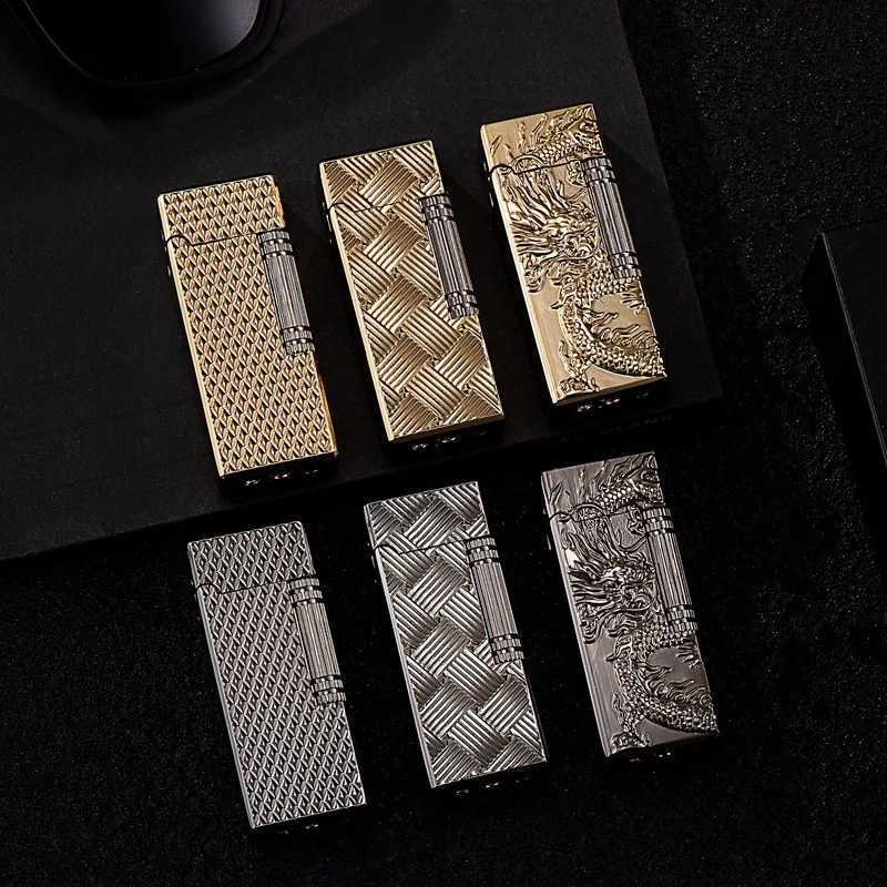 New Grinding Wheel Side Slide Tilt Flame Butane Gas Lighter High Quality Metal Embossed Open Flame Lighter Cigarette Accessories Y250210