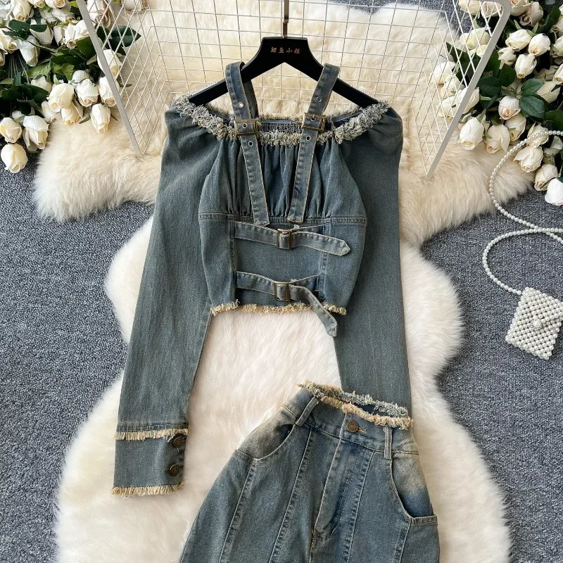 Autumn Denim 2 Piece Set Women Halter Slash Neck Off Shoulder Long Sleeve Pleated Jackets Casual Jeans Y2k Streetwear Suit 250211