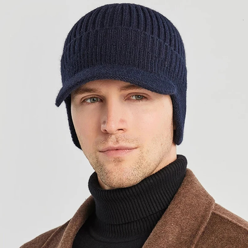 Winter Knitted Men Baseball Cap Solid Color Warm Ear Protection Hat Outdoor Cold-proof Male Crochet Earmuffs Beanie 250110