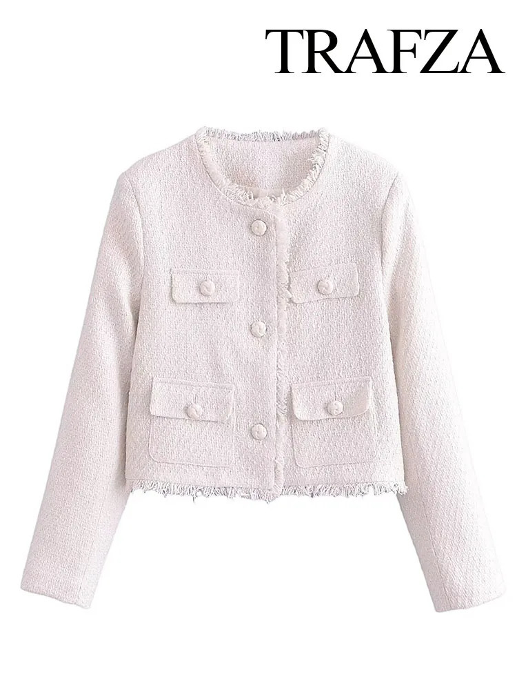 TRAFZA Autumn Women Vintage Fashion Cropped Tweed Jacket Pocket Stand Collar Long Sleeve Coat Elegant Female Chic Streetwear 250210
