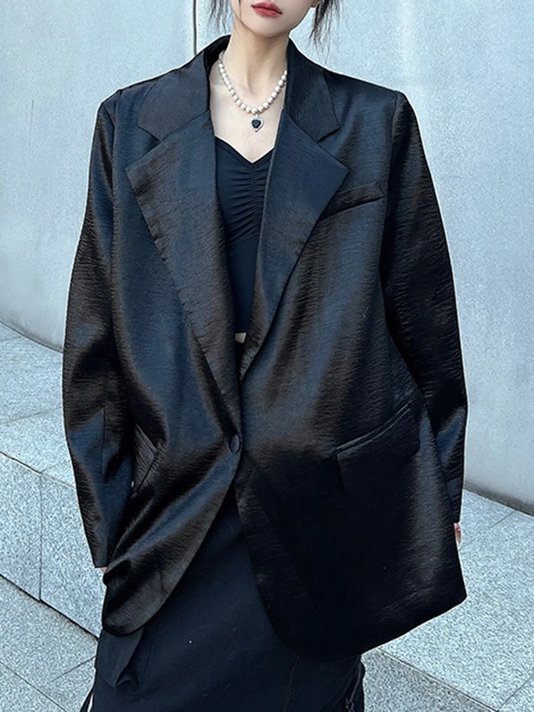 EAM Women Silver Big Size Glossy Sensation Blazer Lapel Long Sleeve Loose Jacket Fashion Spring Autumn 31A0901 250106