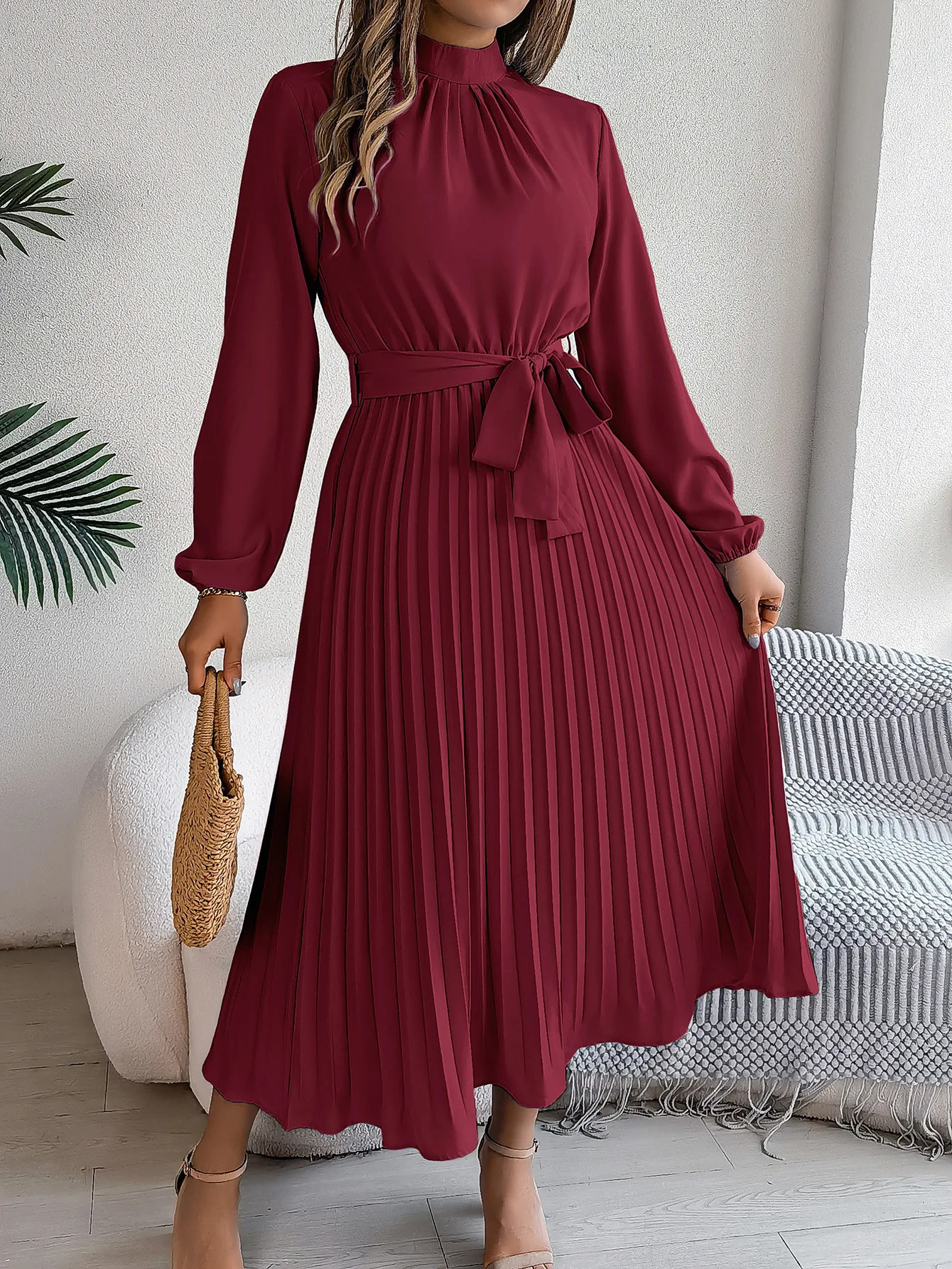 Elegant Womens Solid Color Pleated Lace Up Autumn And Winter Dresses Fashionable Standing Collar Long Sleeved Dress 250211
