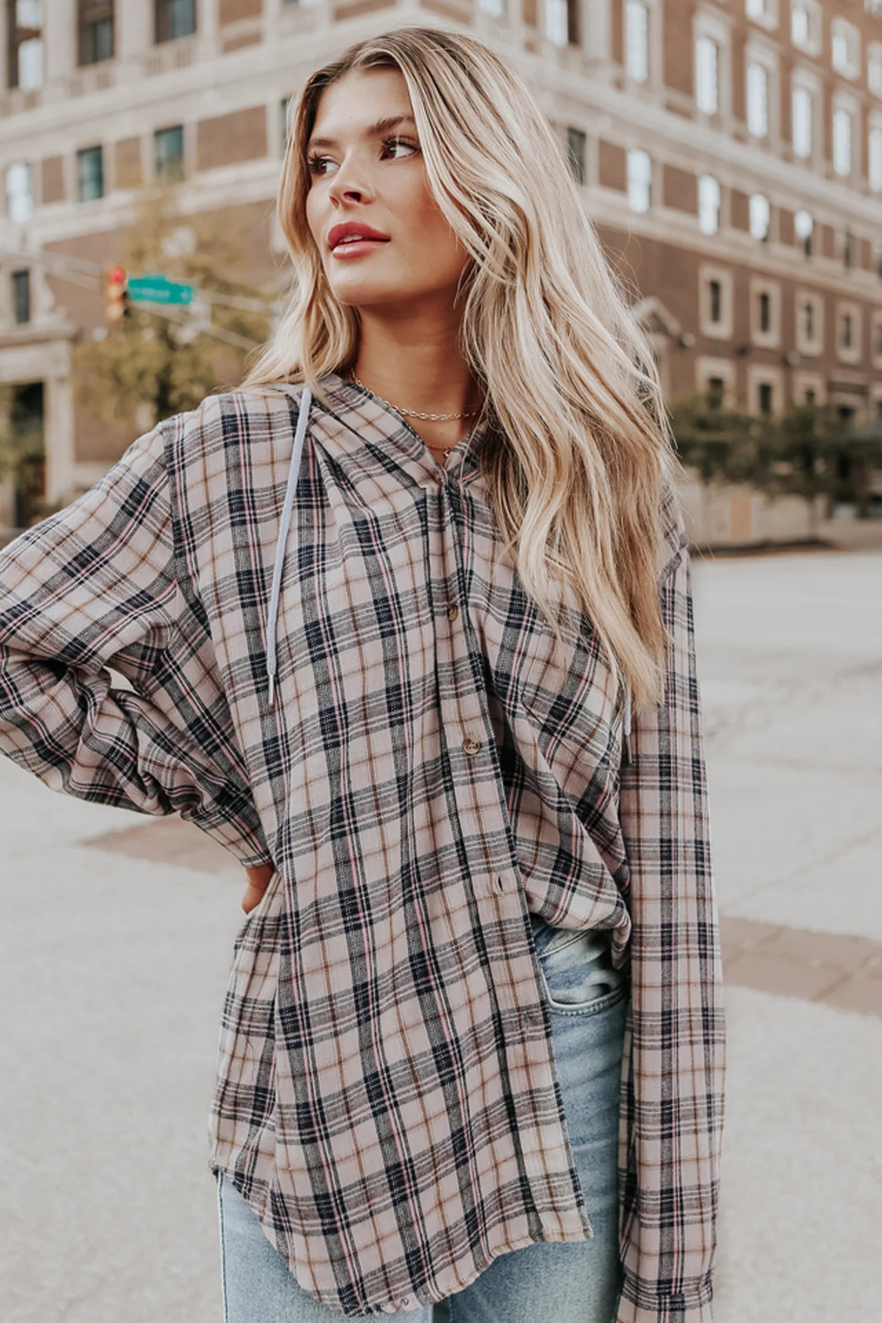 Womens Fashion Hooded Loose Fit Plaid Cardigan Thin Jacket 250109Z