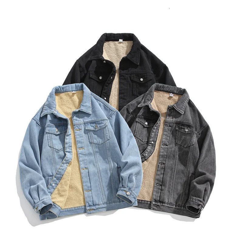 Mens winter jeans streetwear denim jacket warm denim jacket mens wool lining thick wool denim jacket 250211