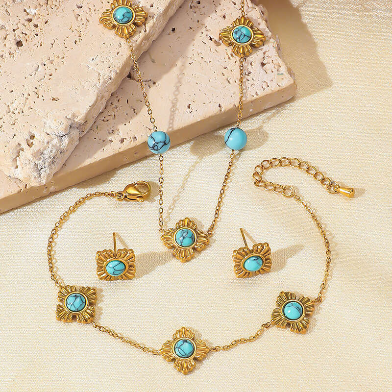 Personalized trend new Chinese style four petal wer inlaid with turquoise accessories three piece necklace earrings bracelet stainless steel set