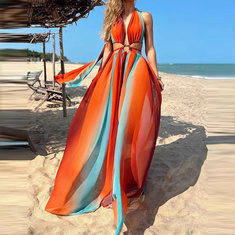 Summer Hollow Out Sleeveless Bohemian Dress Ladies Fashion Printed Pleated High Waist Dress Casual Halter Split Robe Dresses 250210