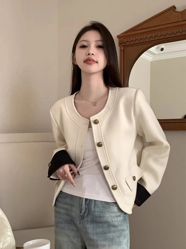 Jmprs Slim Elegant Tweed Jackets Women Fashion Korean Long Sleeve Short Coats Casual O Neck Female Fall Winter Tops 250210