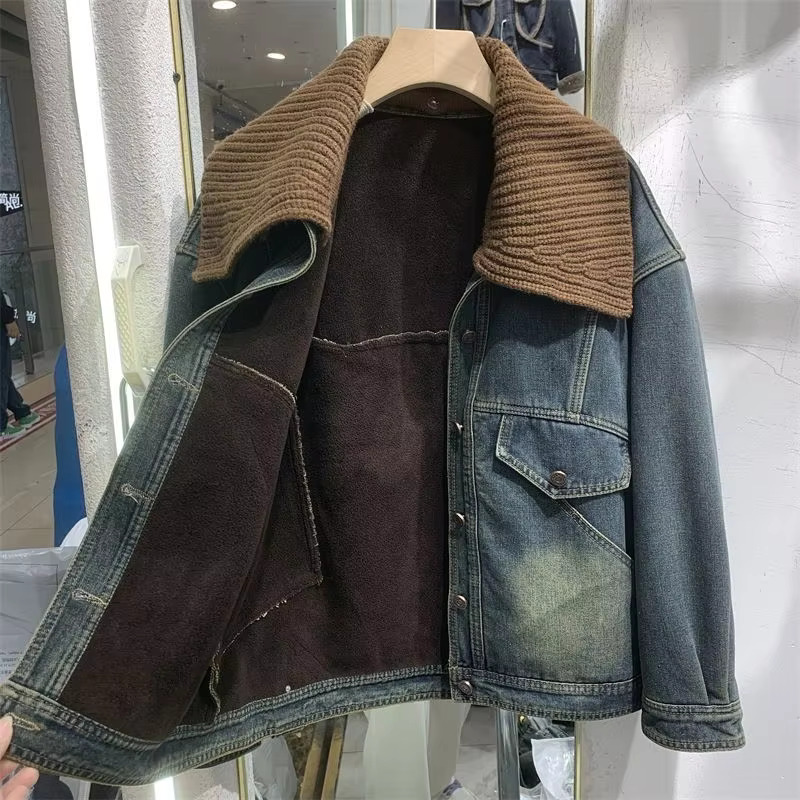 hoodie Autumn Winter New Denim Jacket Women Vintage Plus Veet Padded Cowboy Coat Short Knit Collar Outerwear Female jacket
