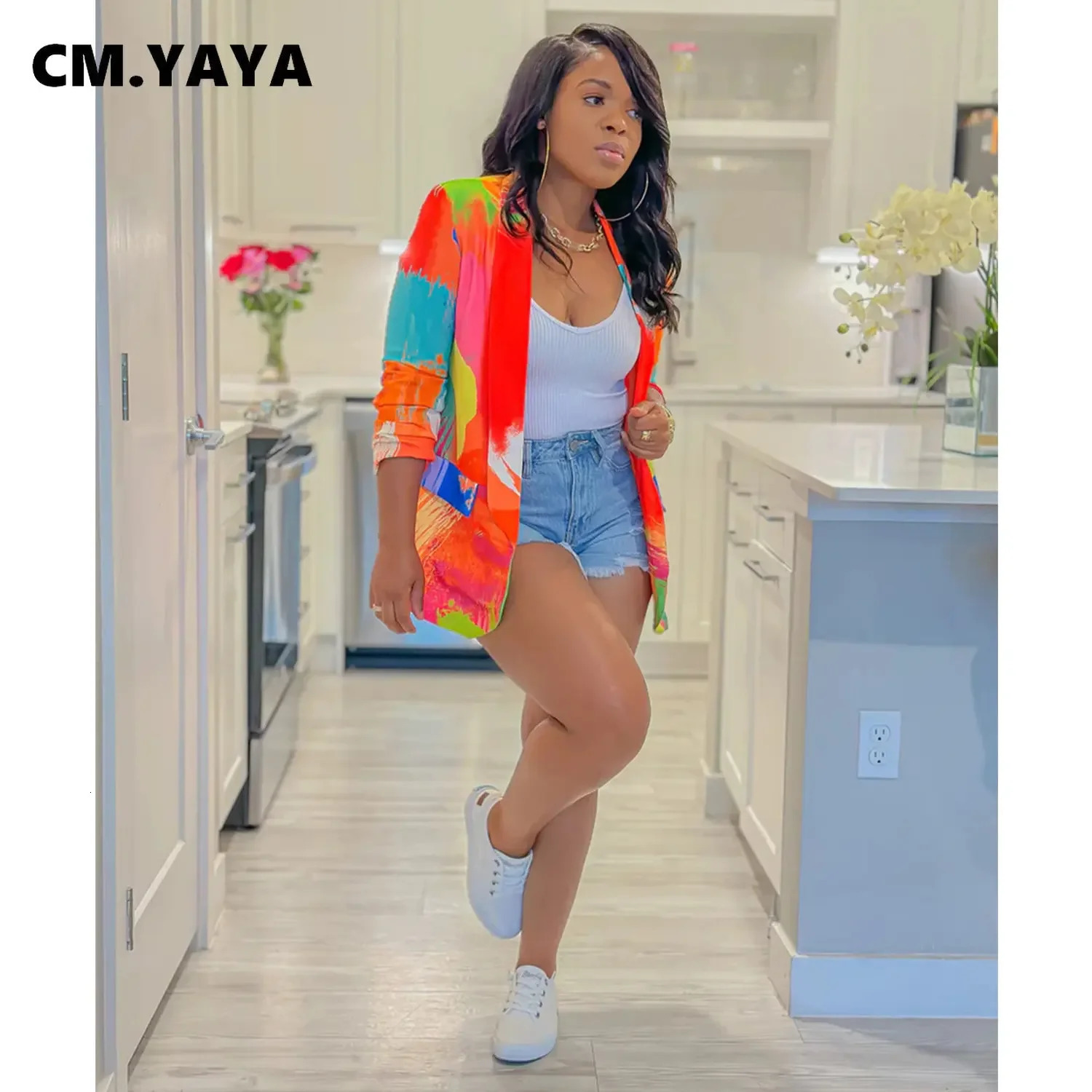 CM.YAYA Elegant Women Graffiti Tie Dye Printed Long Sleeve Blazer Fashion Street INS Chic Office Lady Female Blazers 250206