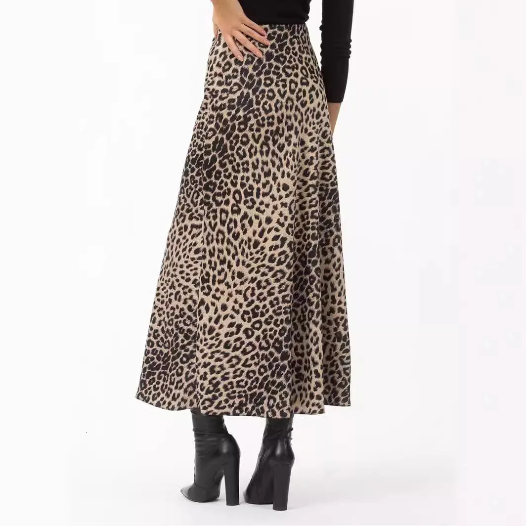 Skirts Womens summer sexy leopard print high waist elastic silky skirt ankle length Forking Womens clothing WSL6751 250211