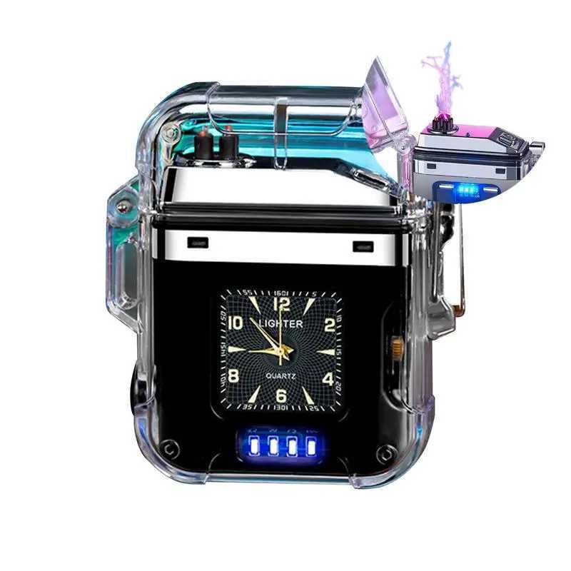 Transparent Dual Arc Plasma Waterproof Lighter Watch Rechargeable USB Flashlight Flameless Windproof Lighter for Outdoor CampingT250211