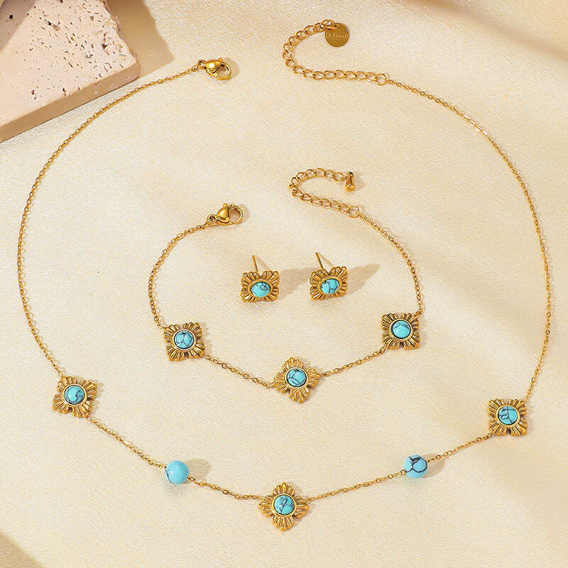Personalized trend new Chinese style four petal wer inlaid with turquoise accessories three piece necklace earrings bracelet stainless steel set