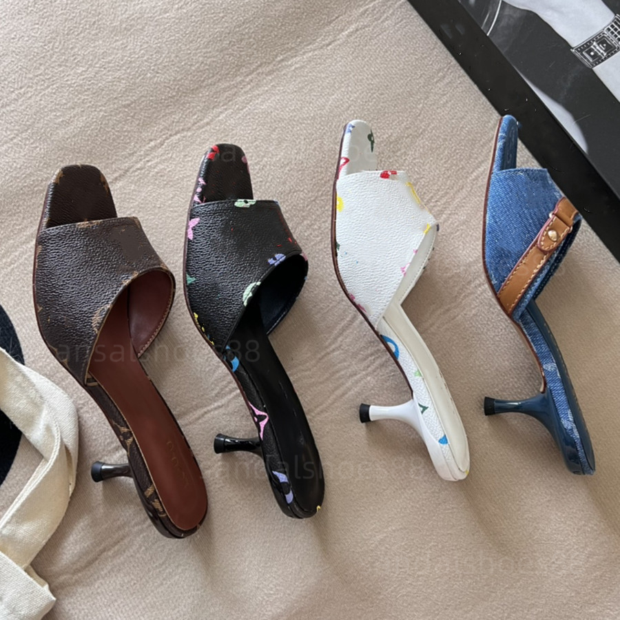 Designer Mules Heels Women Sandals Open Toe Kitten heels Slides Slippers Black White Brown Printed Denim heel Pumps Flip Flops Slipper Sandles Mule Heel Sandal