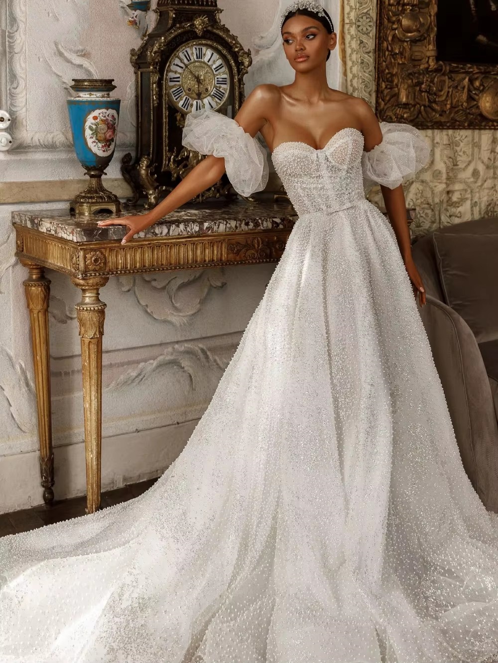 Classic Women Wedding Sweetheart Neck Removable Sleeves Bridal Gowns Beaded Sweep Train Dress Custom Made vestidos de novia