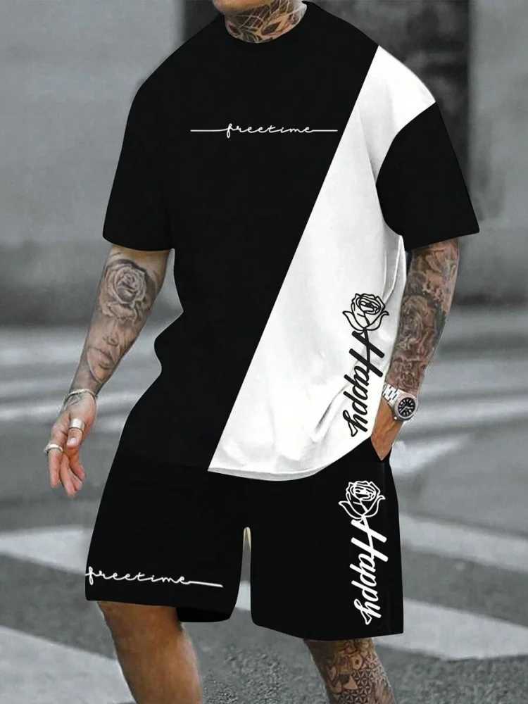 Mens 2 Piece Outfits Graphic Print Round Neck Short Sleeve T-Shirt And Drawstring Shorts Set Casual Everyday Summer Mens Set W250211