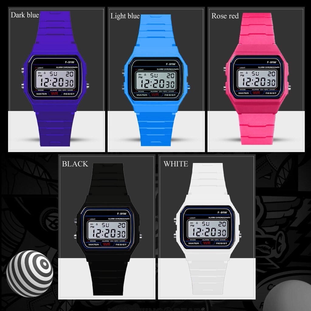 F91W Colorful LED Digital Watch for Men Women Silicone Strap Wristwatches for Couple Sports Square Wrist Band Clock Ladies Gift
